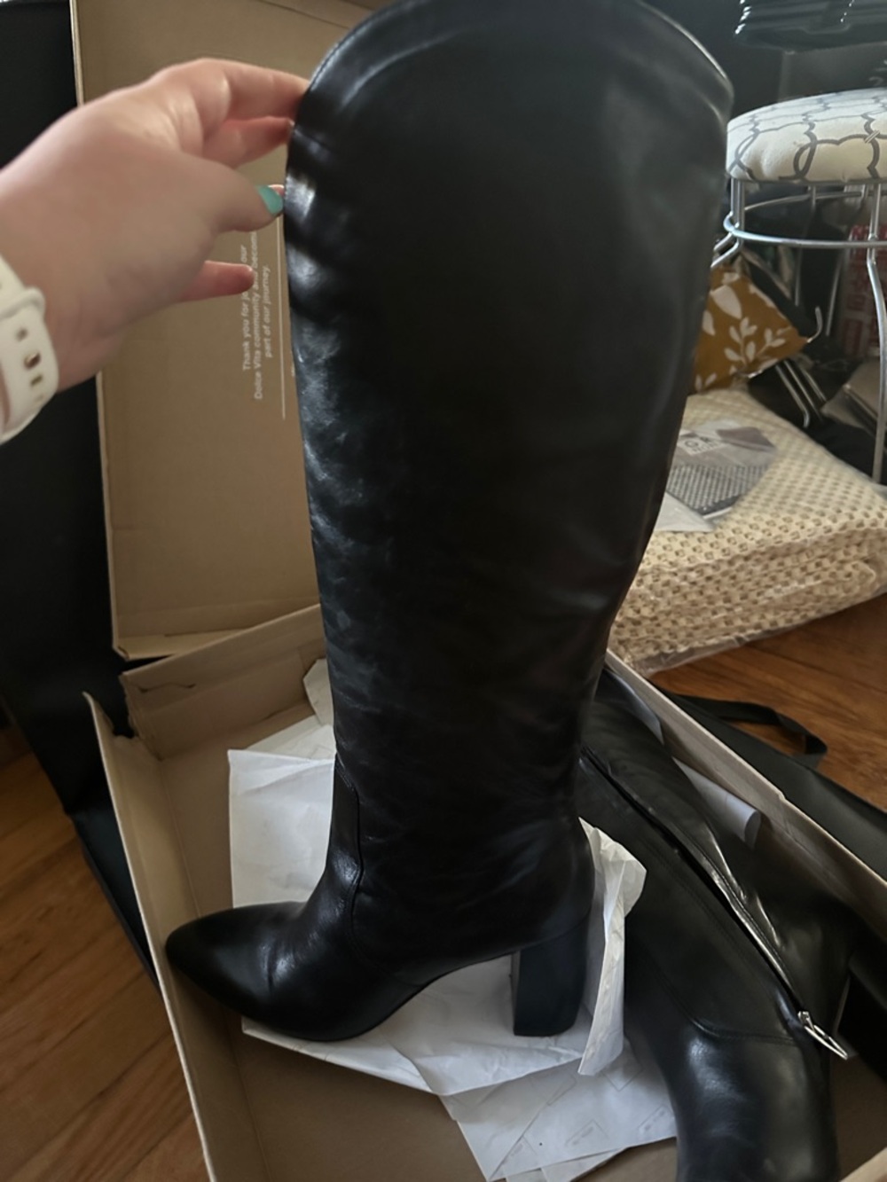 Dolce Vita Black Over-the-Knee Leather Boots with Block Heel